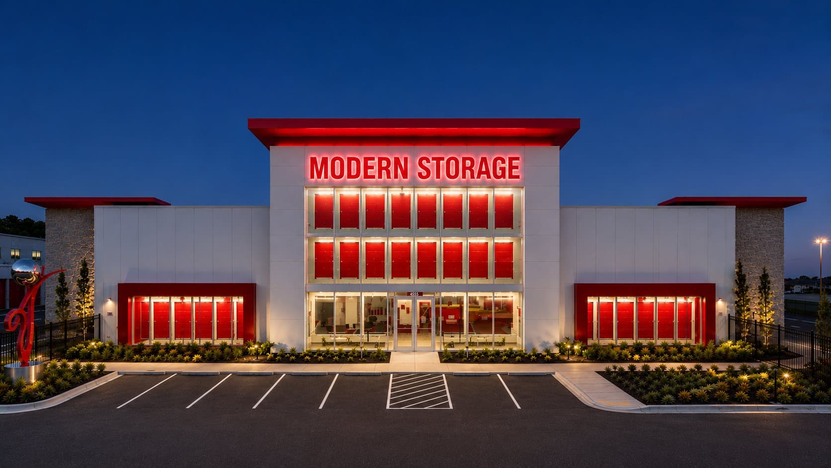 Modern Storage® Lowell self-storage facility exterior at night in Lowell Arkansas