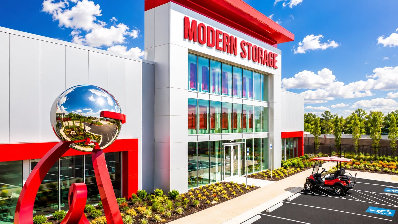 Modern Storage® Springdale self-storage facility exterior with red sculpture in Springdale Arkansas