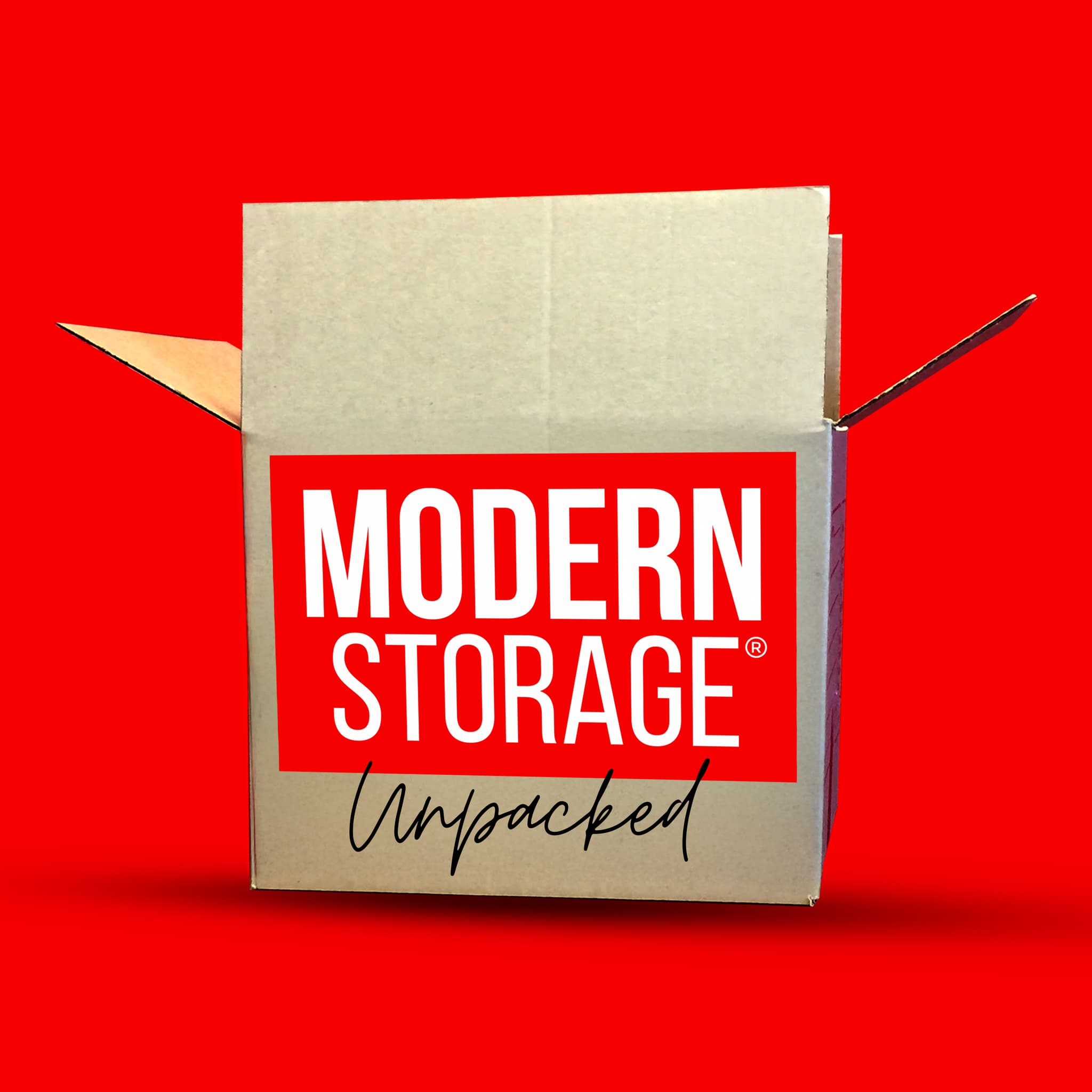 Cardboard box on a bright red background featuring the Modern Storage Unpacked podcast logo.