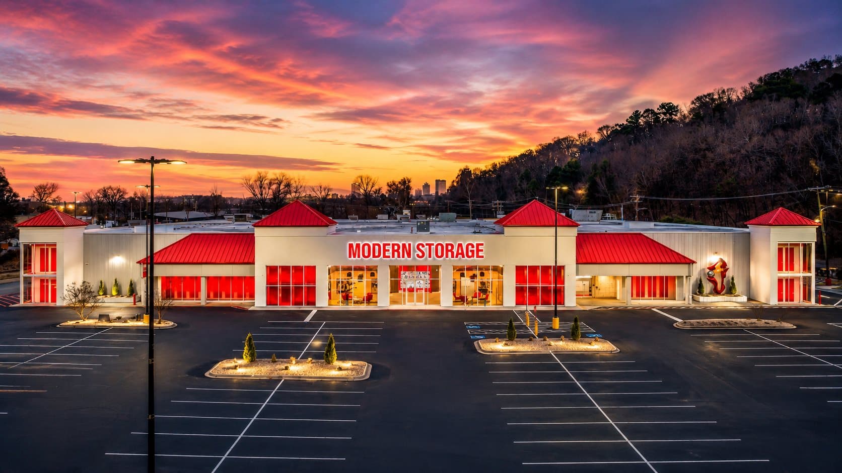Modern Storage® Riverdale self-storage facility exterior at sunset in Little Rock Arkansas