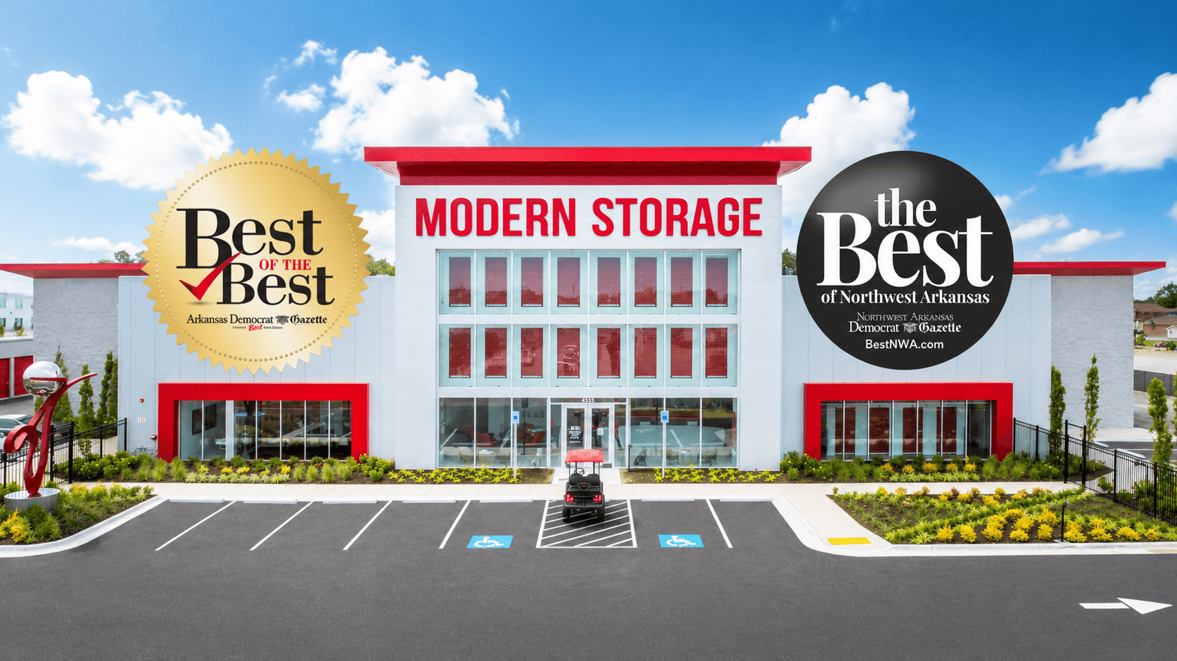 Modern Storage® Springdale facility with Best of the Best Self-Storage Awards 2023, 2024, 2025 winner and Best of Northwest Arkansas award seals
