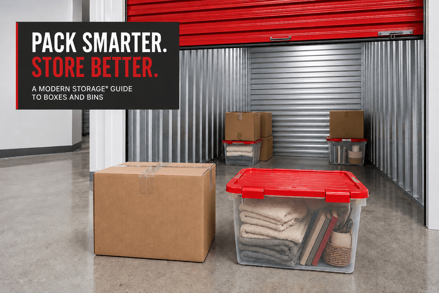 Cardboard box and filled plastic storage bins inside a clean Modern Storage® unit with a red roll-up door